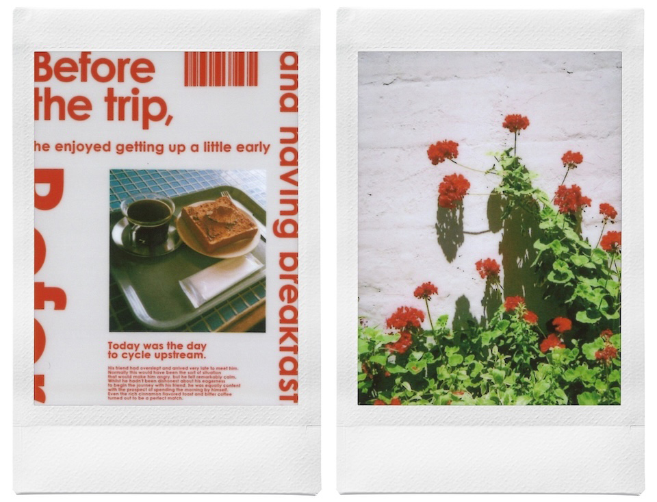 グラフィックと花を撮影した2枚のチェキプリント