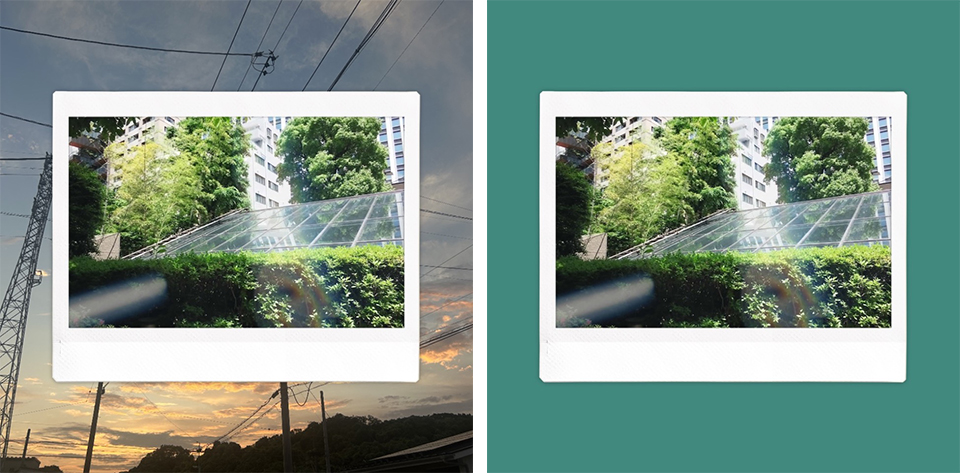 建物を撮影した画像に夕焼け空の背景画像を設定した場合と緑色の背景カラーを設定した場合の2枚のプリント画像