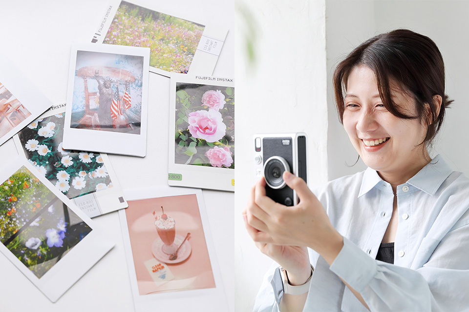 フォトグラファー・片渕さんがminiEvoを構えている写真と片渕さんが撮影したチェキプリントが並んでいる写真