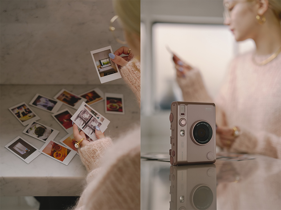 たくさんのチェキプリントとmini Evo本体の写真