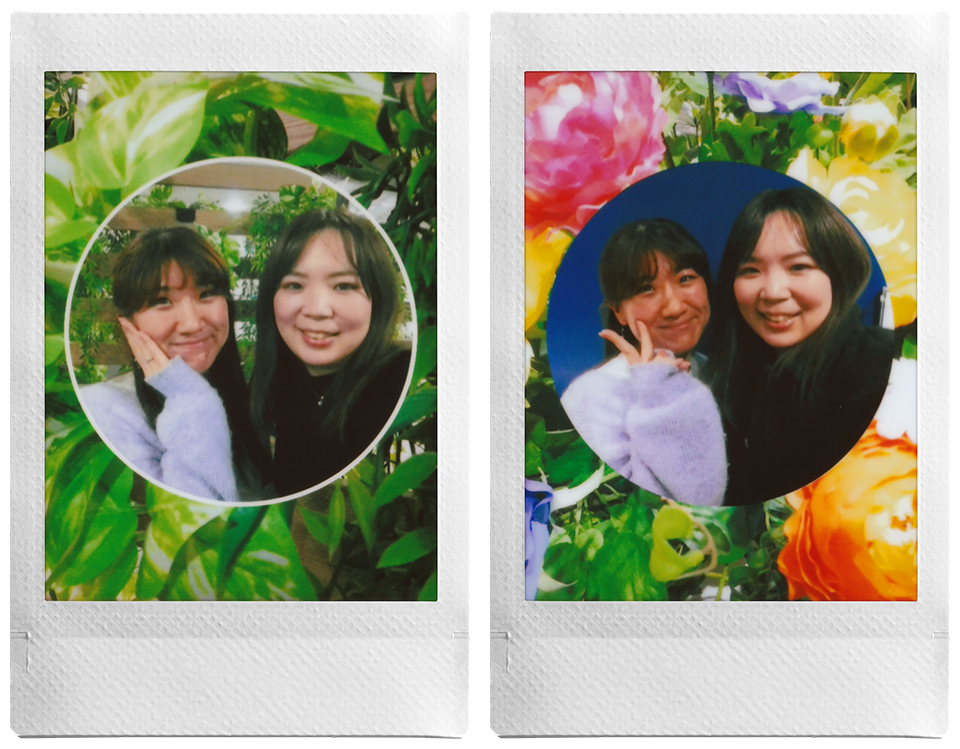 セルフィーカメラとメインカメラの画像を重ねた2枚のチェキプリント