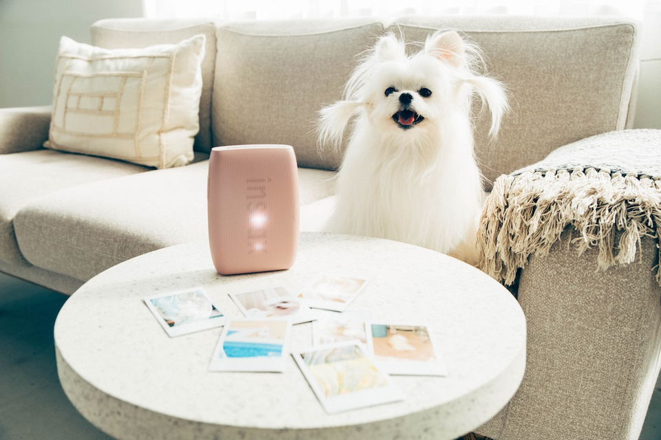 テーブルに置かれたminiLink3やチェキプリントの後ろでソファに座っている写真