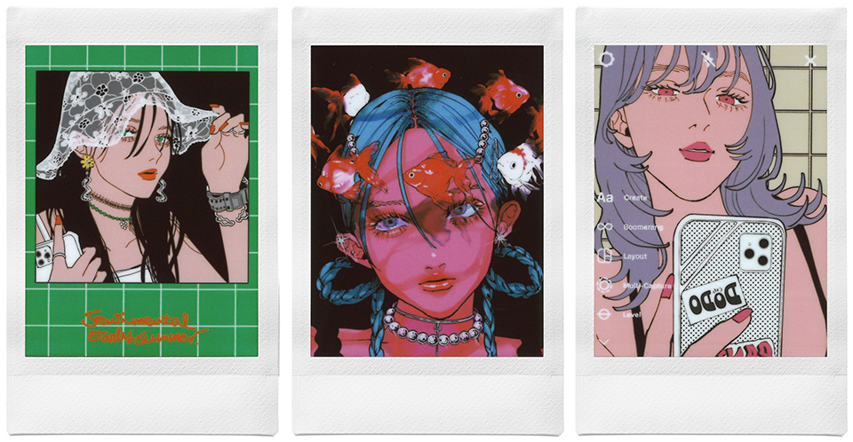 チェキプリントにした3枚のイラスト