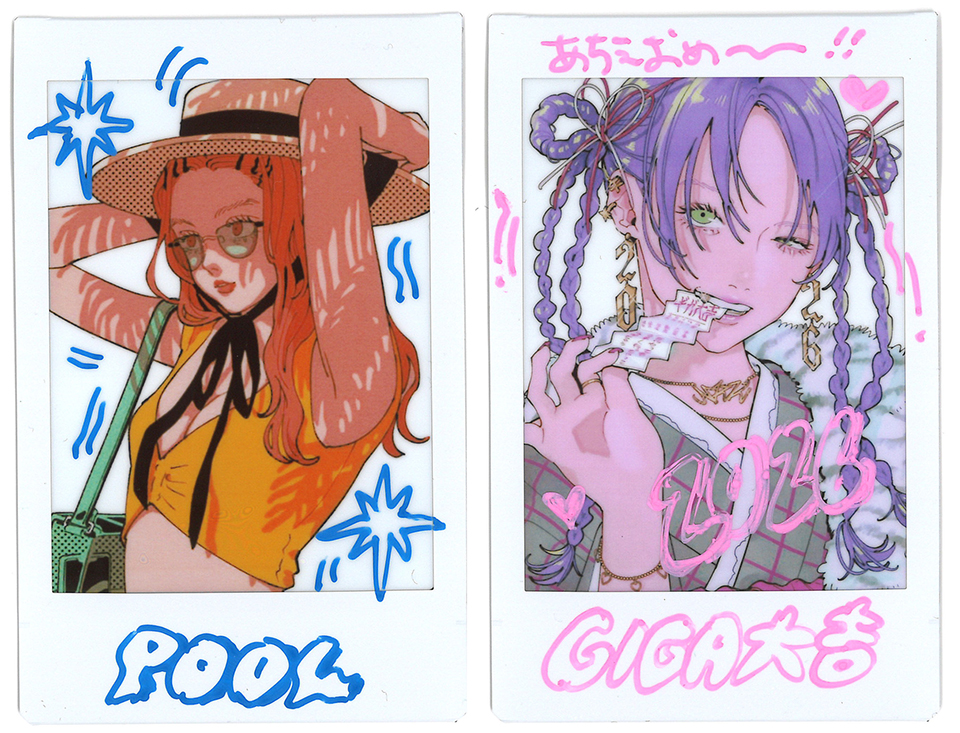 カラフルな文字や装飾でデコレーションした2枚のチェキプリント