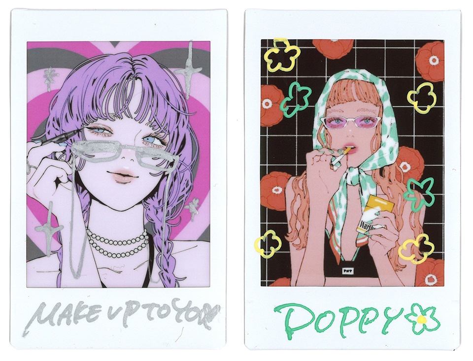 人物のイラストに眼鏡やアクセサリーを書き足した2枚のチェキプリント