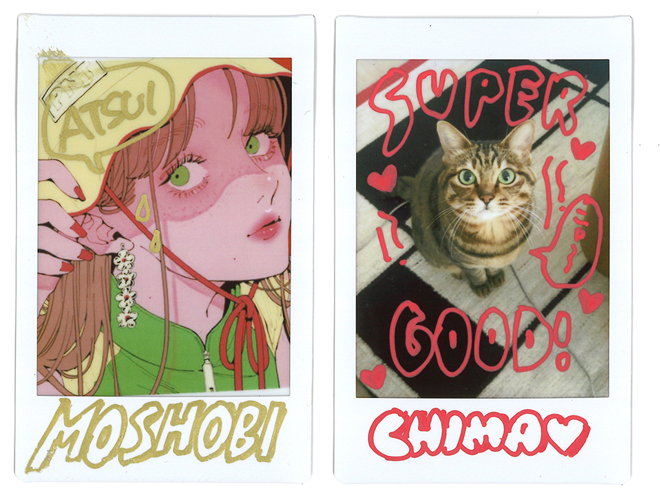 人物のイラストや愛猫の写真に袋文字を書き足した2枚のチェキプリント