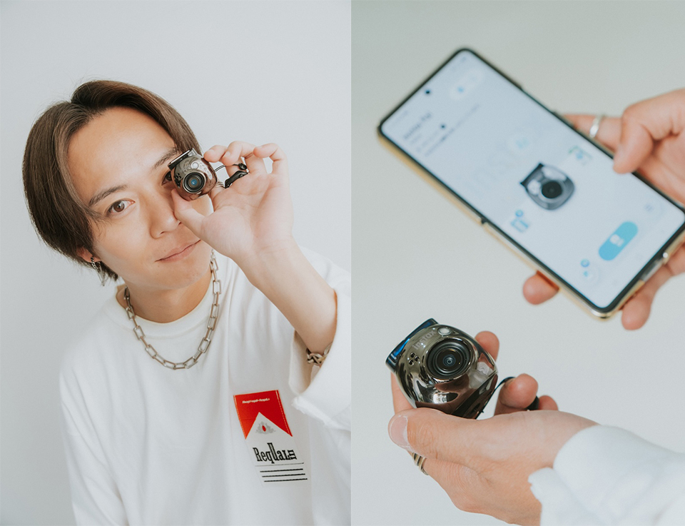Palを目元で構えている杉本さんとアプリを操作している手元
