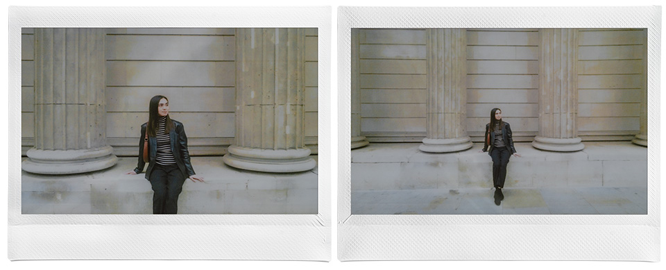 建築物と人物を通常と広角で撮影した2枚のチェキプリント